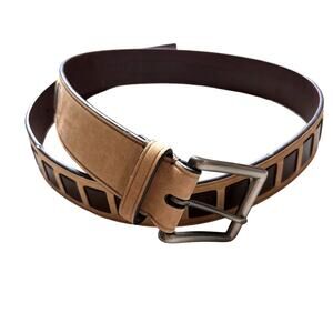Coach Mens Tan Suede x Brown Leather Belt Size 36" Silver Buckle